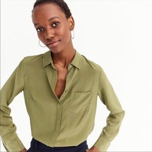 J. Crew | 100% Silk Classic Pocket Blouse Button Front Shirt Olive Green 10
